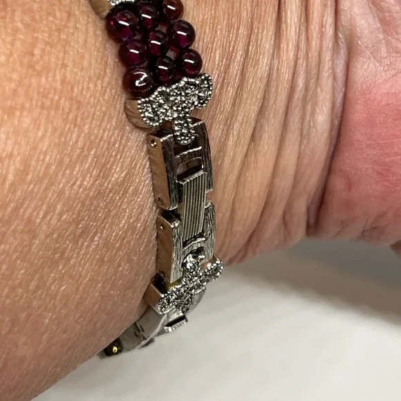 Vintage Marcasite, silver and Red Garnet Triple Row Beaded Bracelet - Picture 9 of 11
